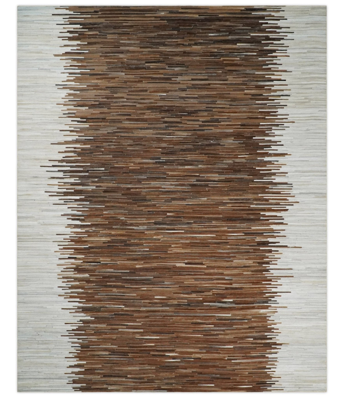 Modern Stripes Leather Striped Tan Brown and Ivory Leather Multi Size Area Rug.