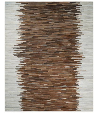 Modern Stripes Leather Striped Tan Brown and Ivory Leather Multi Size Area Rug.