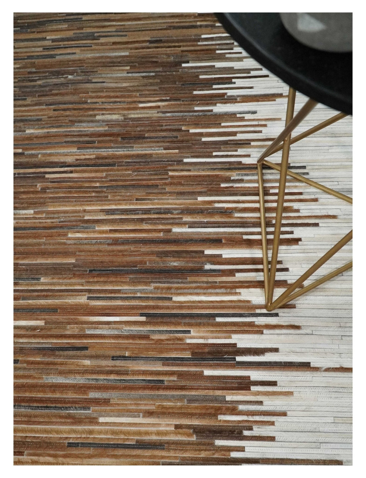Modern Stripes Leather Striped Tan Brown and Ivory Leather Multi Size Area Rug.