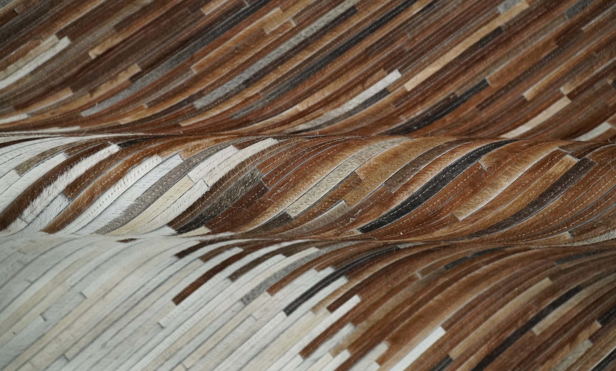 Modern Stripes Leather Striped Tan Brown and Ivory Leather Multi Size Area Rug.