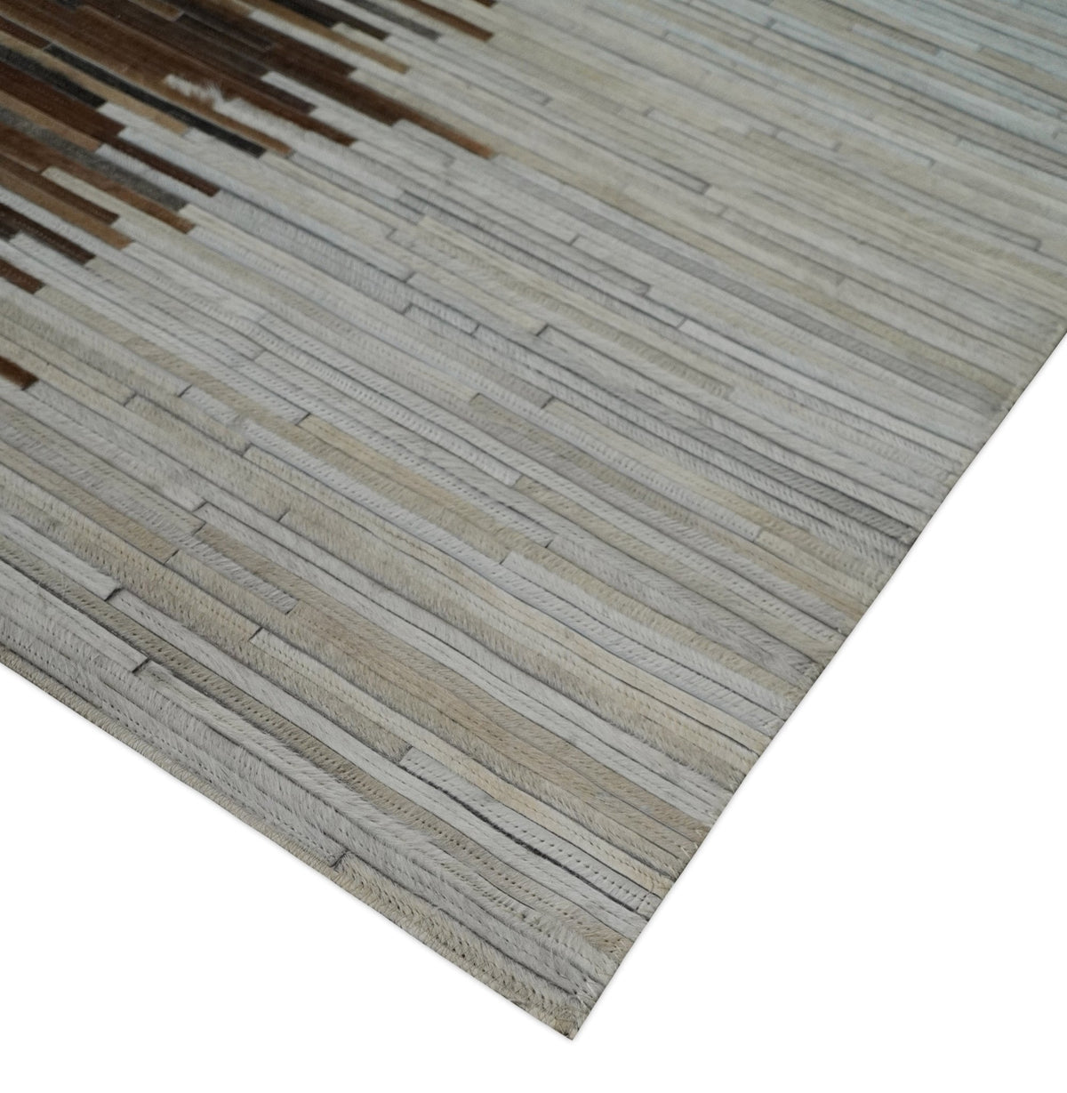Modern Stripes Leather Striped Tan Brown and Ivory Leather Multi Size Area Rug.