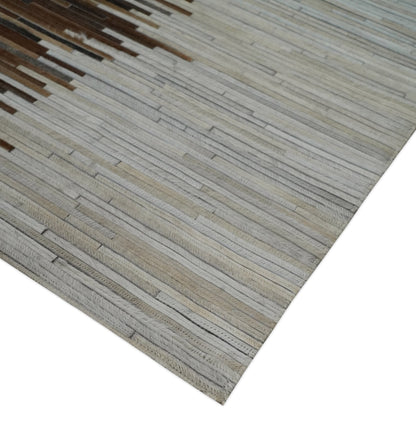 Modern Stripes Leather Striped Tan Brown and Ivory Leather Multi Size Area Rug.