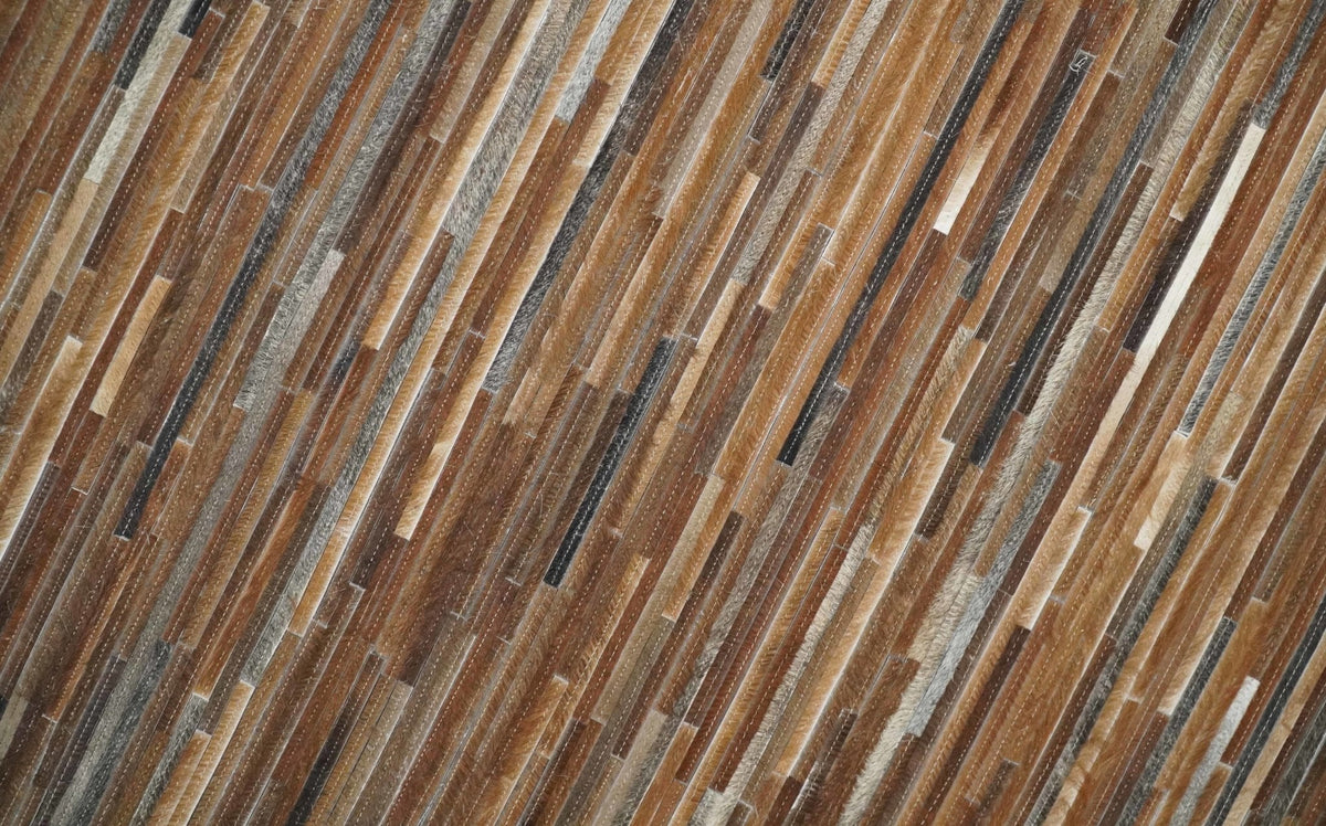 Modern Stripes Leather Striped Tan Brown and Ivory Leather Multi Size Area Rug.
