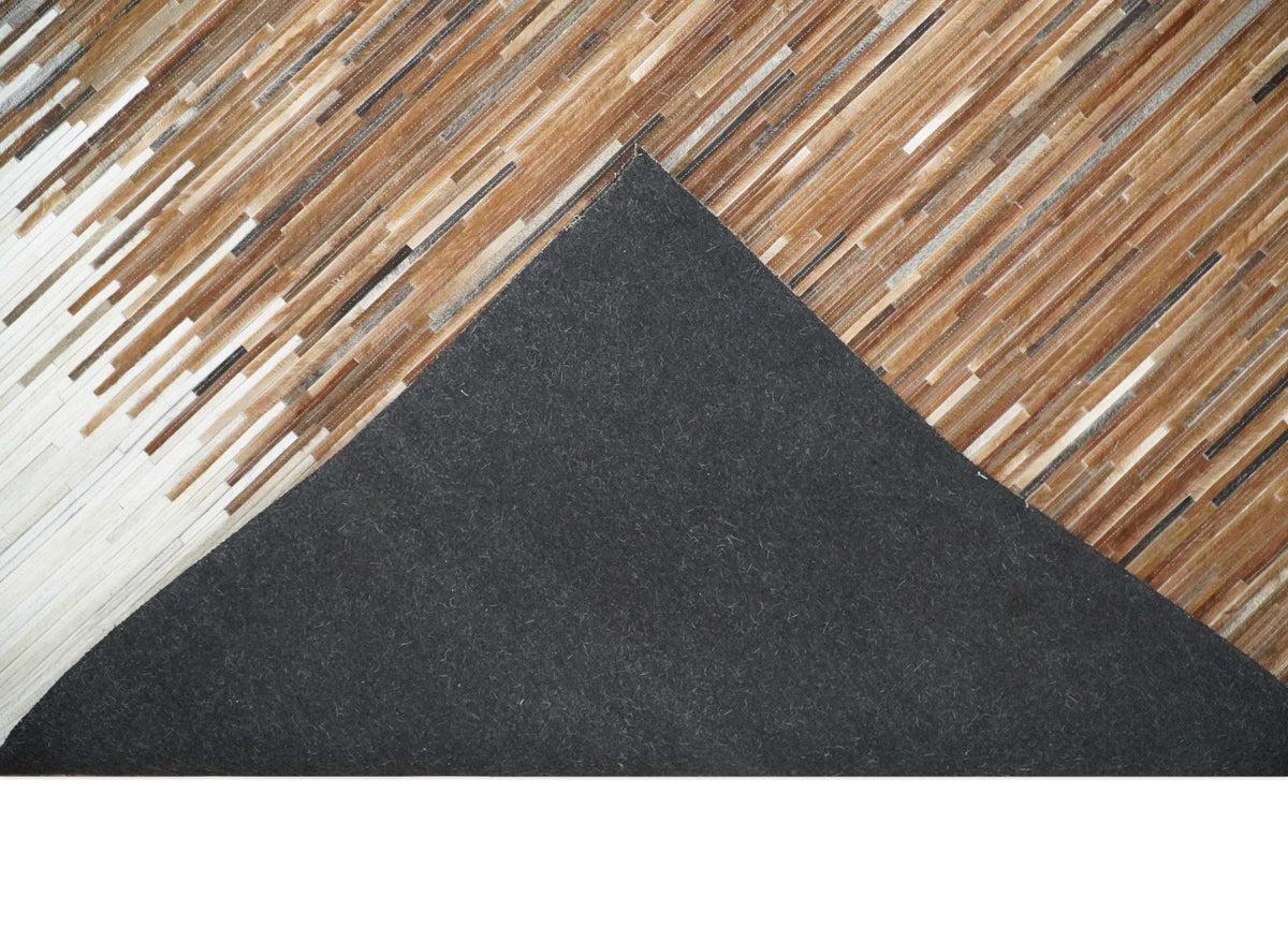 Modern Stripes Leather Striped Tan Brown and Ivory Leather Multi Size Area Rug.