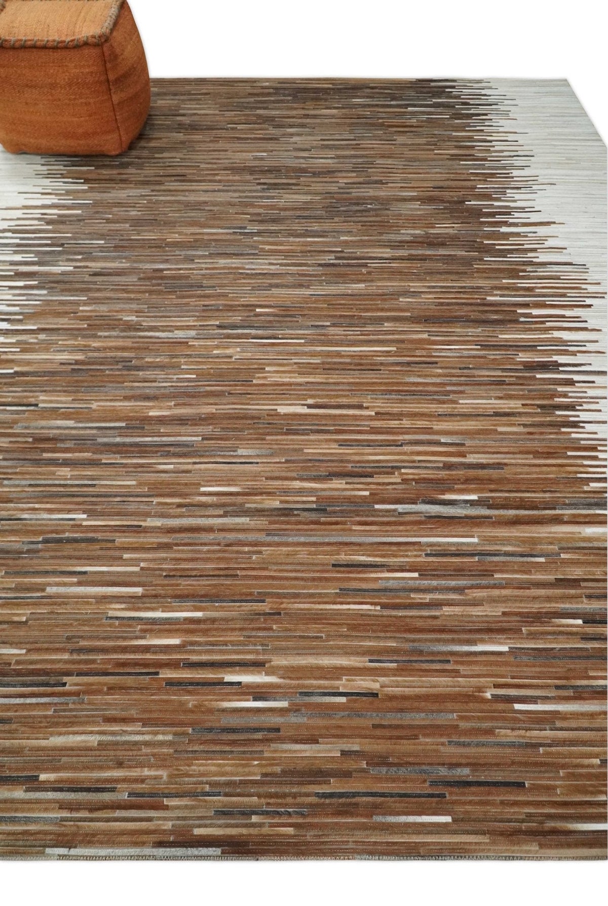 Modern Stripes Leather Striped Tan Brown and Ivory Leather Multi Size Area Rug.