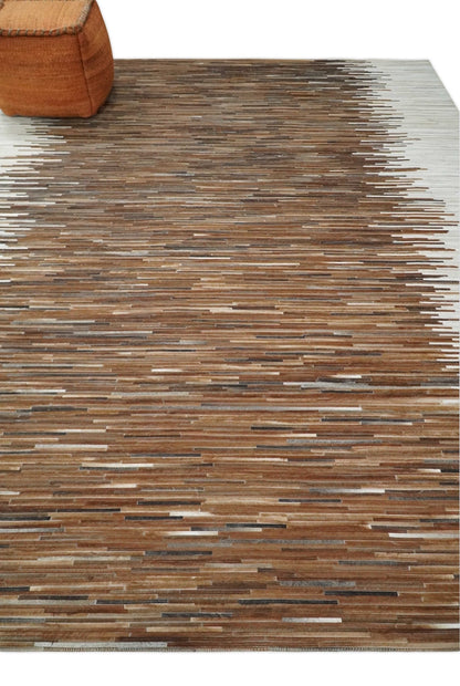 Modern Stripes Leather Striped Tan Brown and Ivory Leather Multi Size Area Rug.