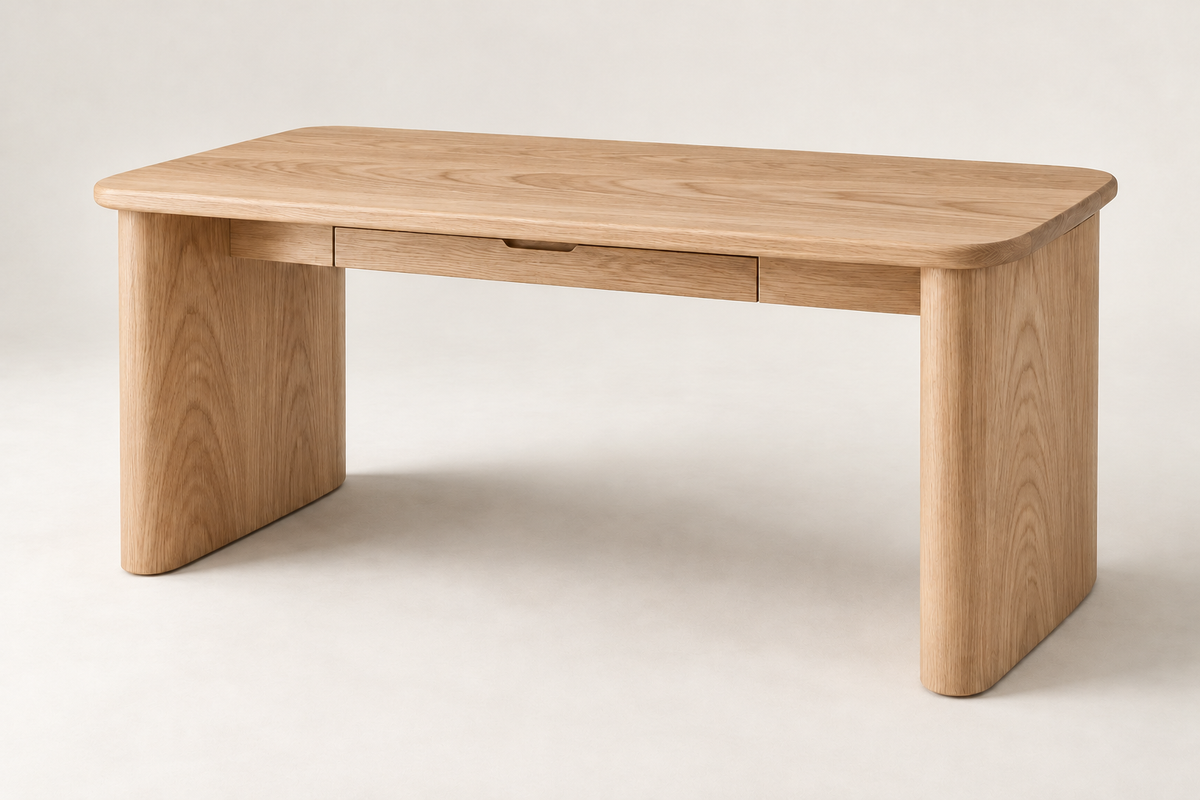 The Curve Desk in natural plain-sawn white oak with cathedral grain, design render