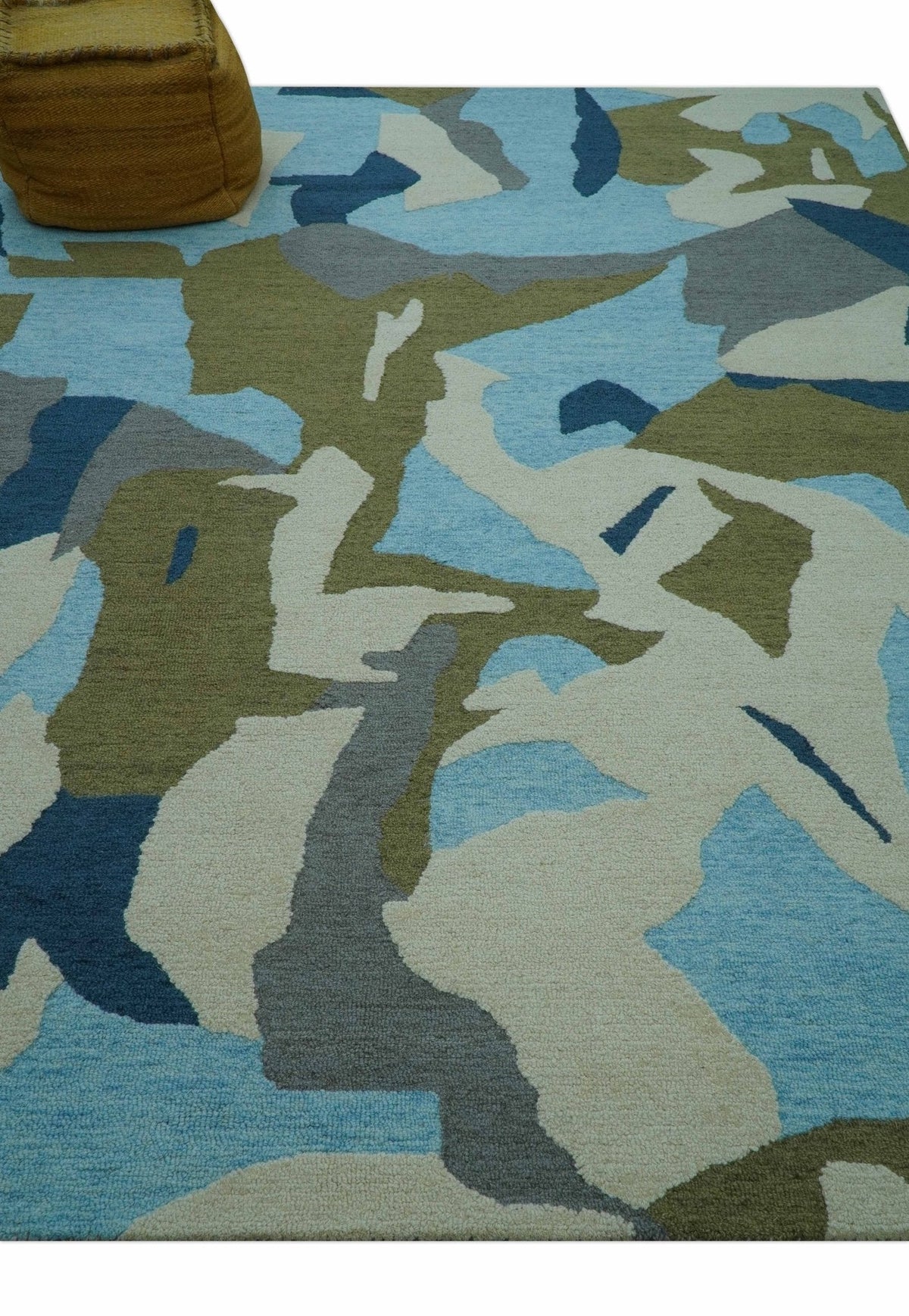 Custom Made Abstract Blue And Green Wool Rug.