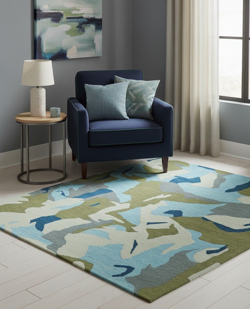 Custom Made Abstract Blue And Green Wool Rug.