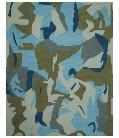 Custom Made Abstract Blue And Green Wool Rug.