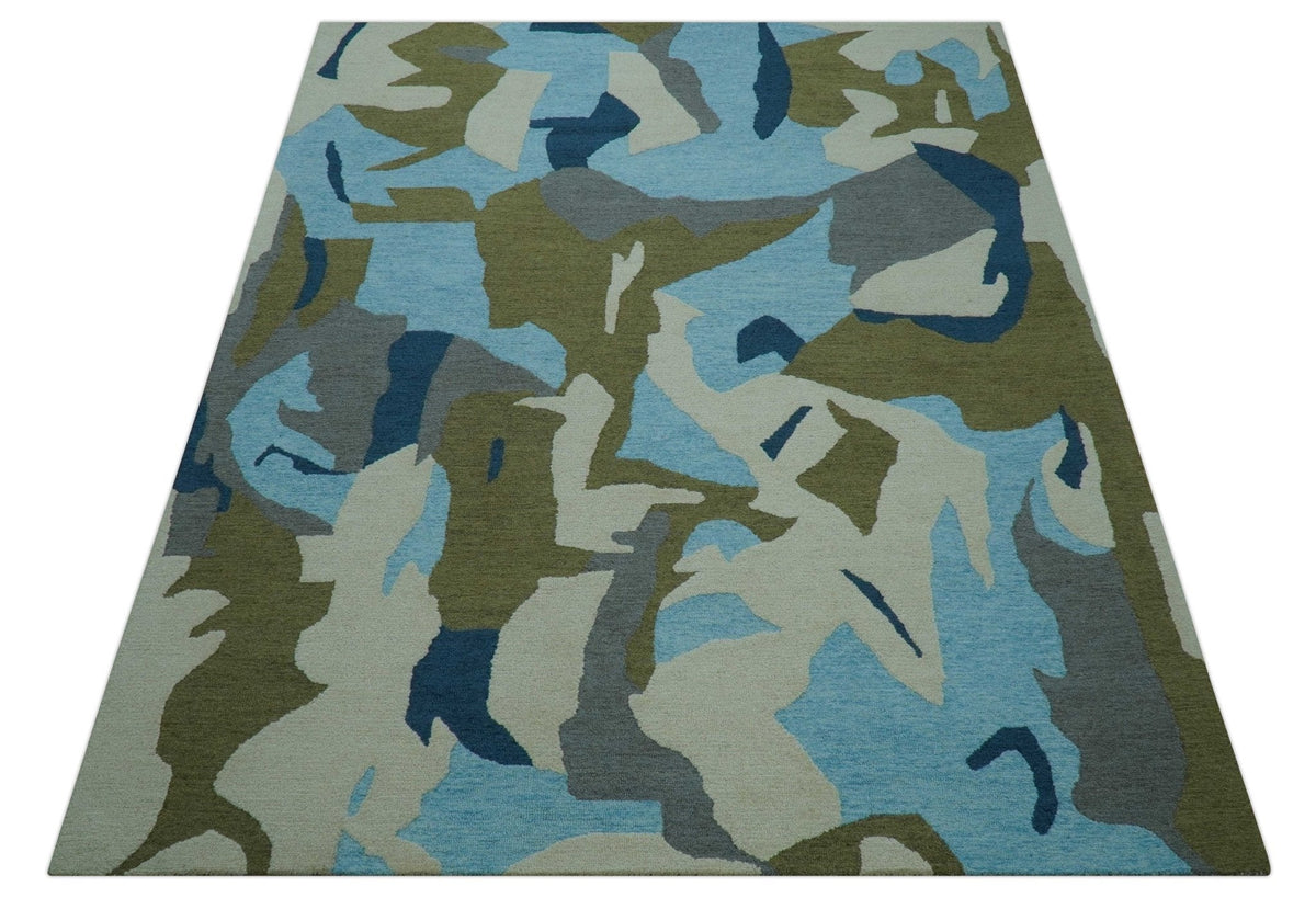 Custom Made Abstract Blue And Green Wool Rug.