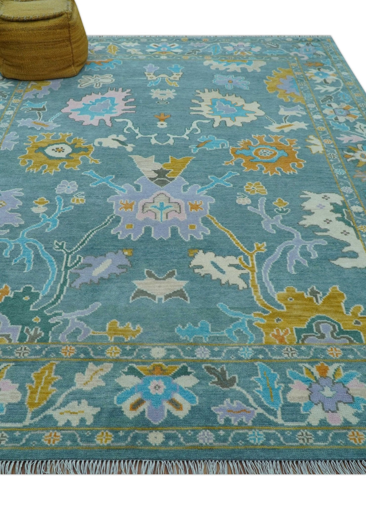 Custom Made Antique Blue Traditional Oushak Design Hand Knotted Wool Area Rug.