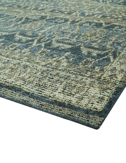 Custom Made Antique Charcoal Blue Transitional Hand Knotted Wool Area Rug.