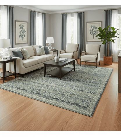 Custom Made Antique Charcoal Blue Transitional Hand Knotted Wool Area Rug.