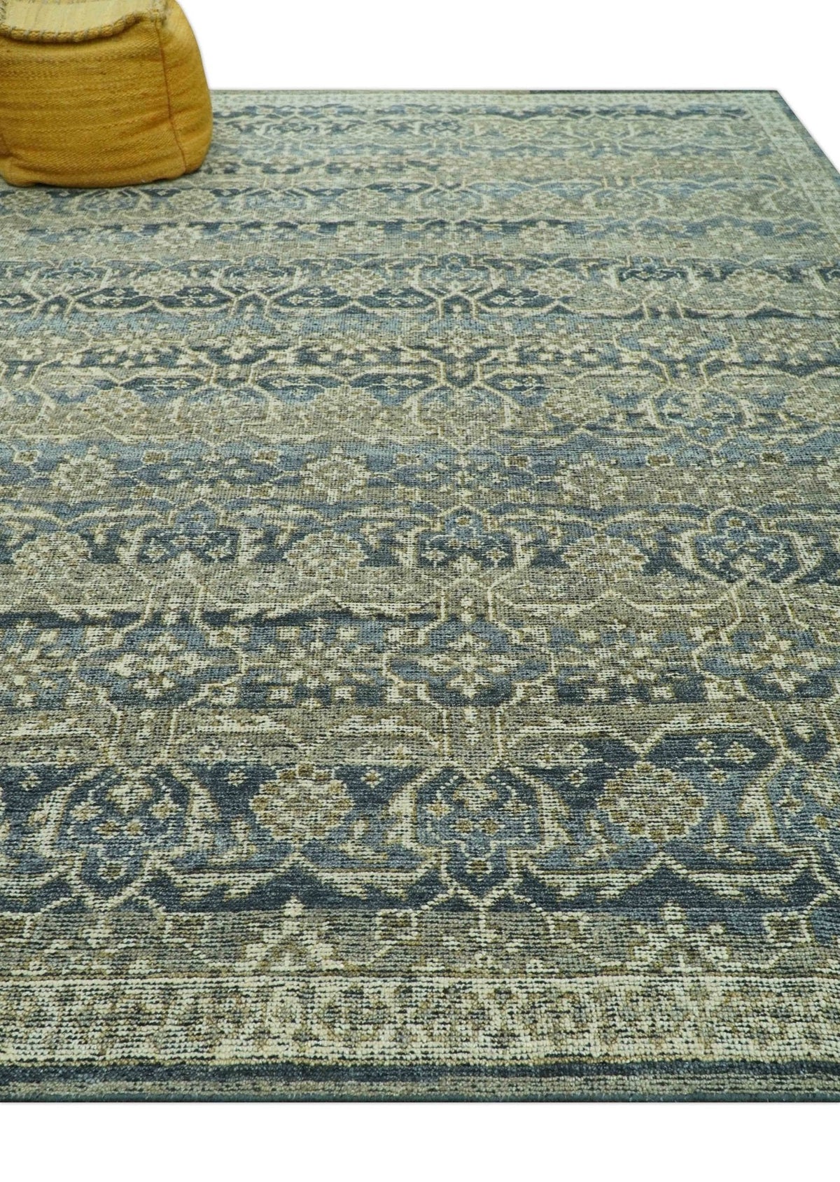 Custom Made Antique Charcoal Blue Transitional Hand Knotted Wool Area Rug.