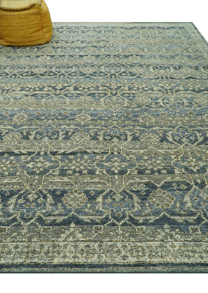 Custom Made Antique Charcoal Blue Transitional Hand Knotted Wool Area Rug.