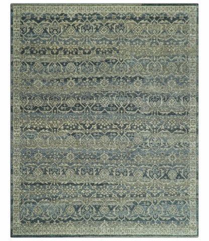 Custom Made Antique Charcoal Blue Transitional Hand Knotted Wool Area Rug.