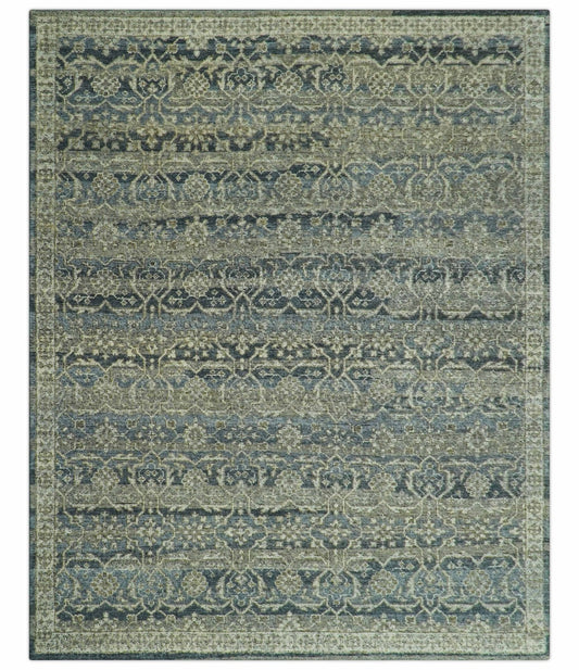 Custom Made Antique Charcoal Blue Transitional Hand Knotted Wool Area Rug.