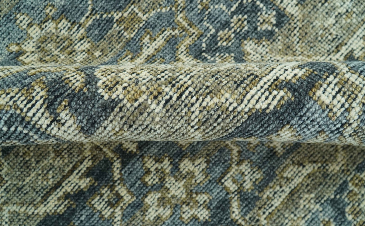 Custom Made Antique Charcoal Blue Transitional Hand Knotted Wool Area Rug.