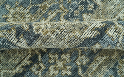 Custom Made Antique Charcoal Blue Transitional Hand Knotted Wool Area Rug.