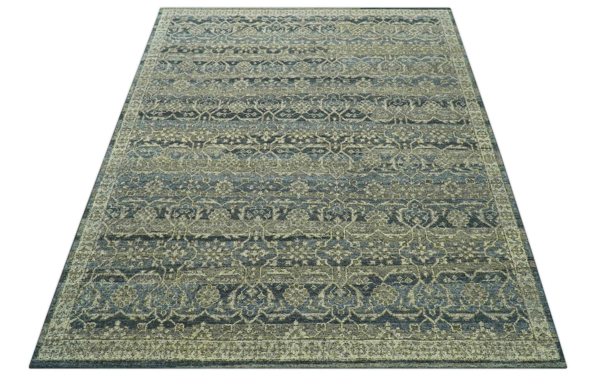 Custom Made Antique Charcoal Blue Transitional Hand Knotted Wool Area Rug.