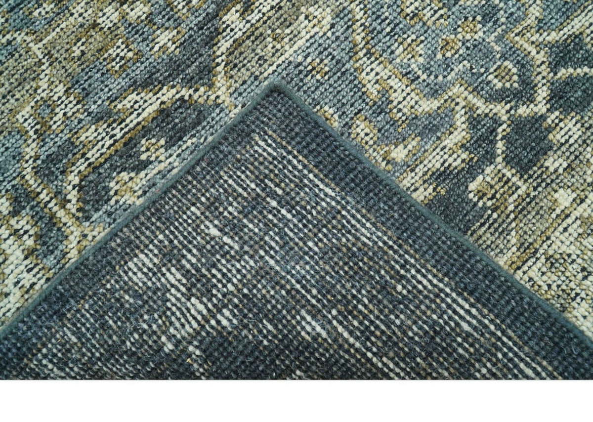 Custom Made Antique Charcoal Blue Transitional Hand Knotted Wool Area Rug.