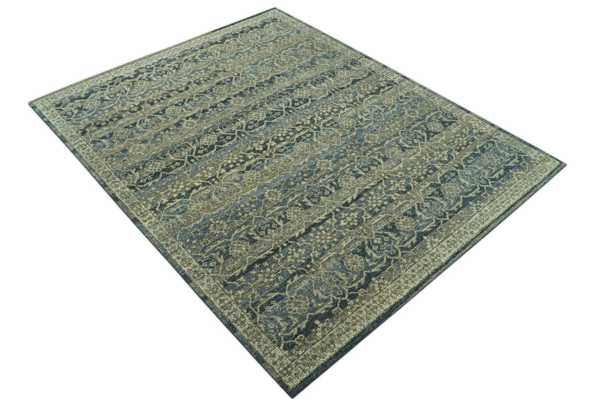 Custom Made Antique Charcoal Blue Transitional Hand Knotted Wool Area Rug.