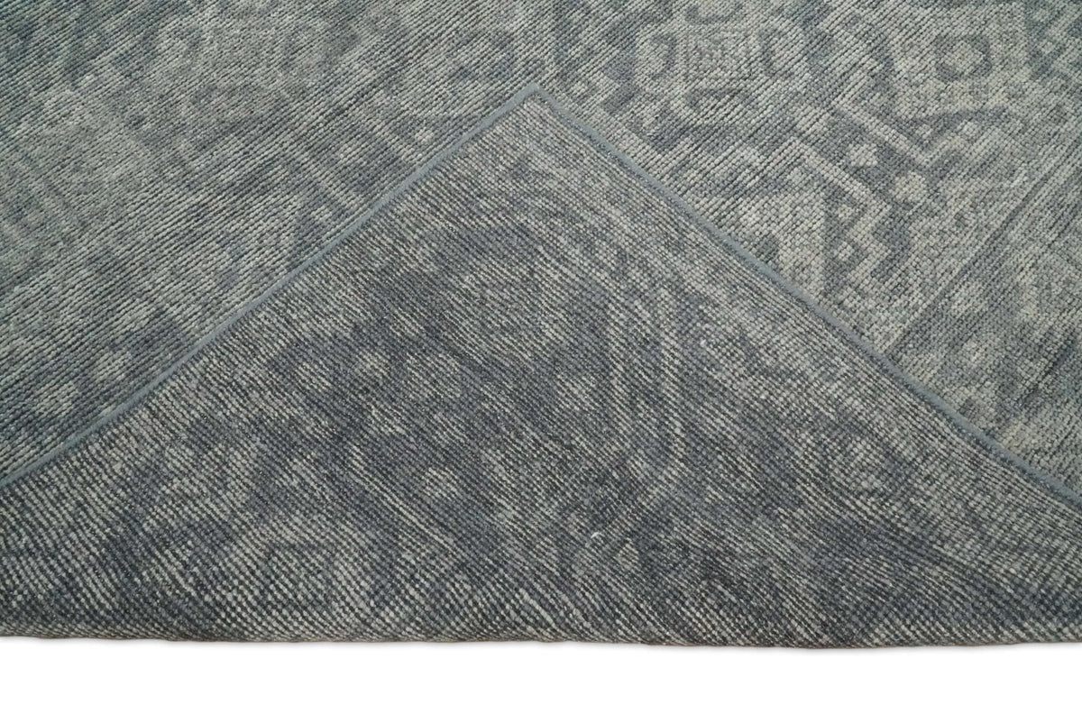 Custom Made Antique Finish Hand knotted Silver and Charcoal Wool Area Rug, Kids, Living Room and Bedroom Rug.