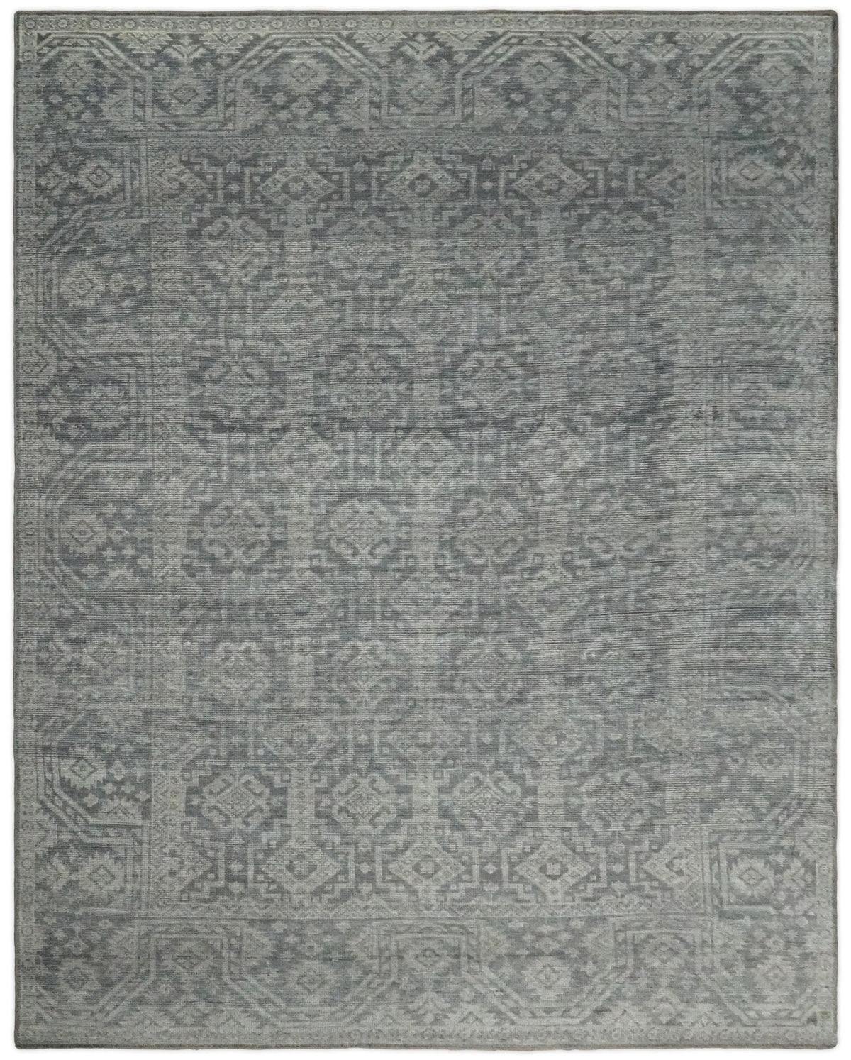 Custom Made Antique Finish Hand knotted Silver and Charcoal Wool Area Rug, Kids, Living Room and Bedroom Rug.