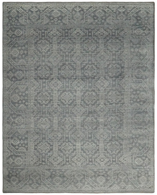 Custom Made Antique Finish Hand knotted Silver and Charcoal Wool Area Rug, Kids, Living Room and Bedroom Rug.
