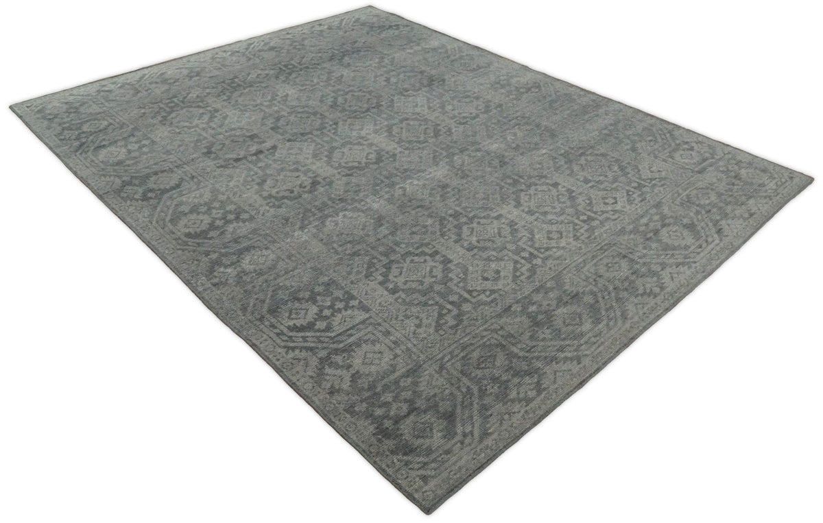 Custom Made Antique Finish Hand knotted Silver and Charcoal Wool Area Rug, Kids, Living Room and Bedroom Rug.