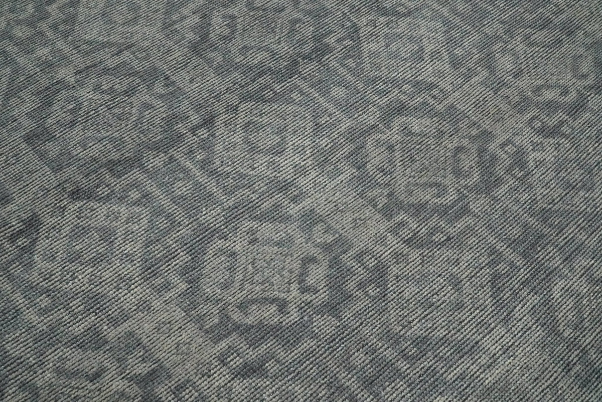 Custom Made Antique Finish Hand knotted Silver and Charcoal Wool Area Rug, Kids, Living Room and Bedroom Rug.