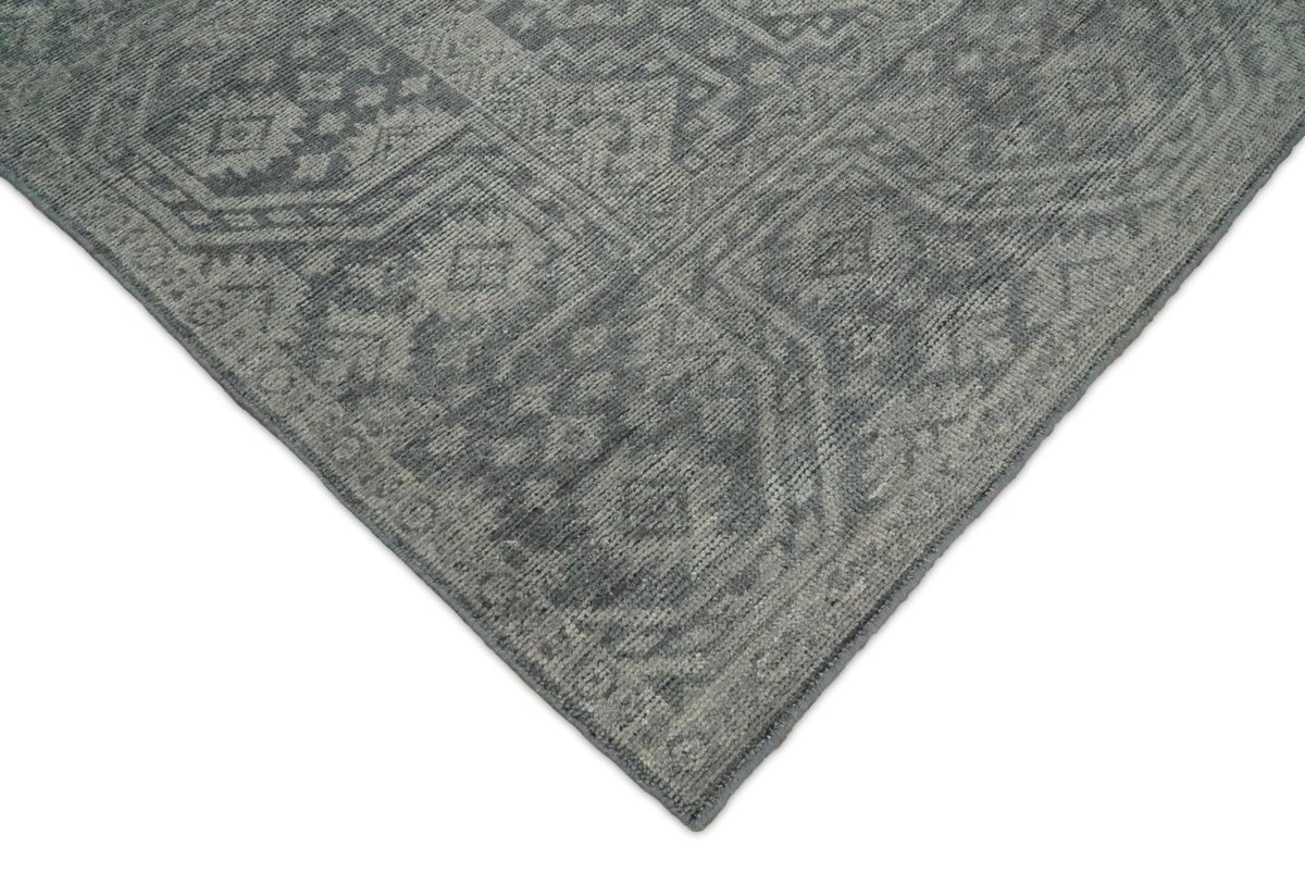 Custom Made Antique Finish Hand knotted Silver and Charcoal Wool Area Rug, Kids, Living Room and Bedroom Rug.