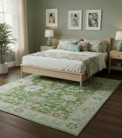 Custom Made Antique Green Traditional Oushak Design Hand Knotted Wool Area Rug.