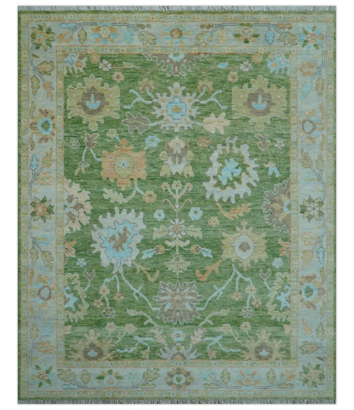 Custom Made Antique Green Traditional Oushak Design Hand Knotted Wool Area Rug.