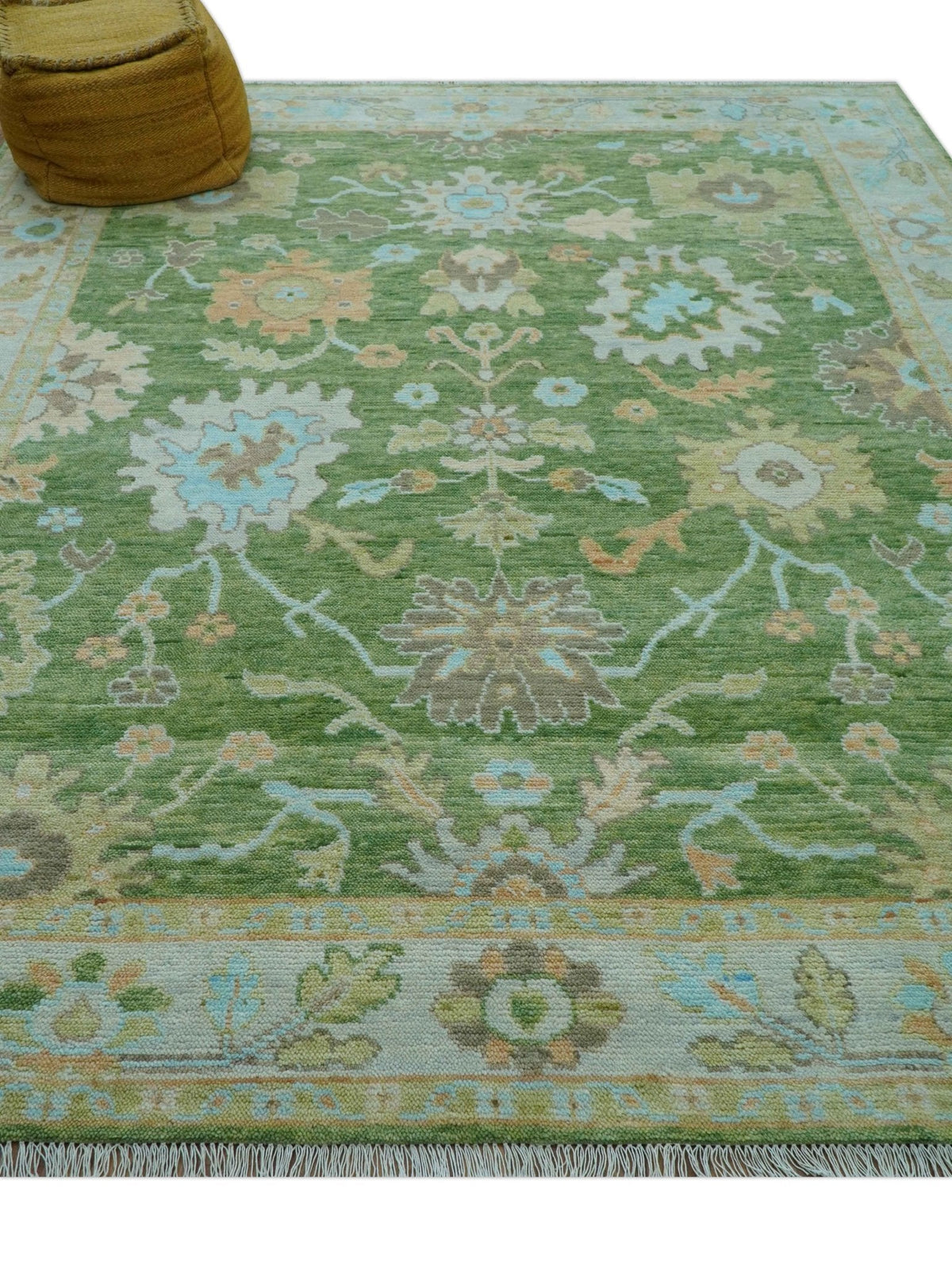 Custom Made Antique Green Traditional Oushak Design Hand Knotted Wool Area Rug.