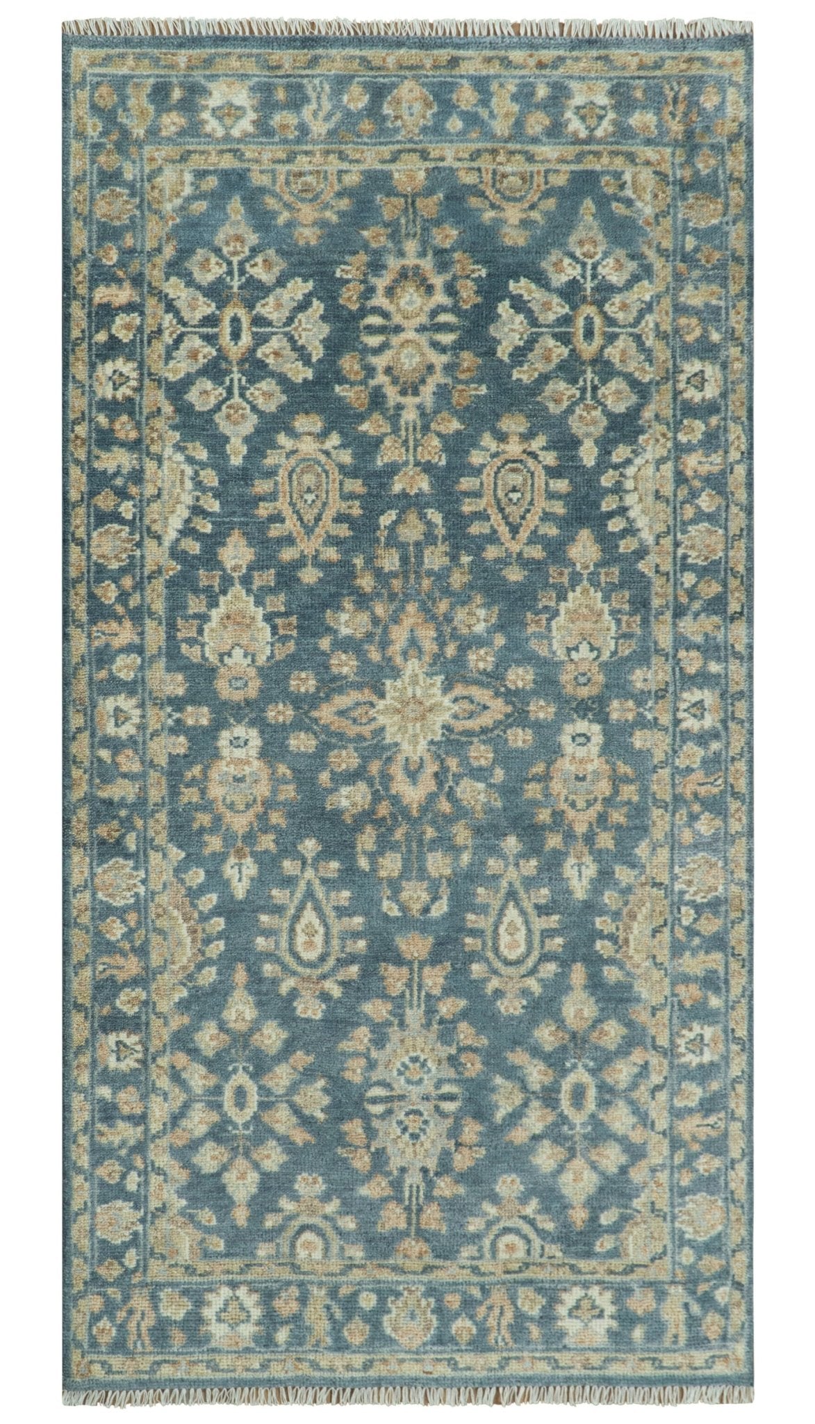 Custom Made Antique Hand Knotted Blue and Beige Traditional Oushak Wool Area Rug.