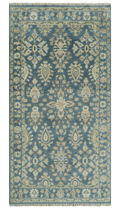 Custom Made Antique Hand Knotted Blue and Beige Traditional Oushak Wool Area Rug.