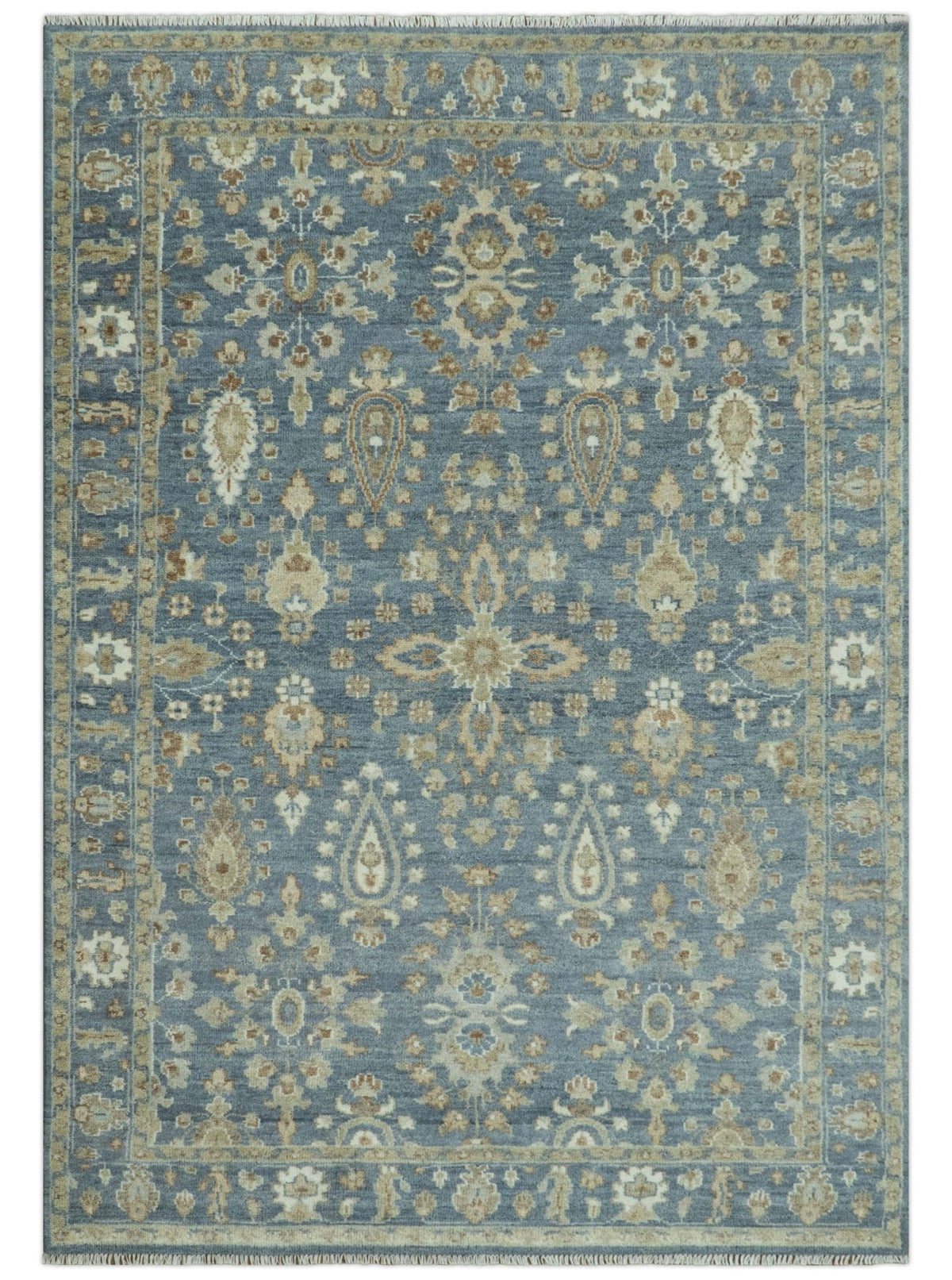 Custom Made Antique Hand Knotted Blue and Beige Traditional Oushak Wool Area Rug.