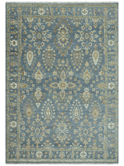 Custom Made Antique Hand Knotted Blue and Beige Traditional Oushak Wool Area Rug.