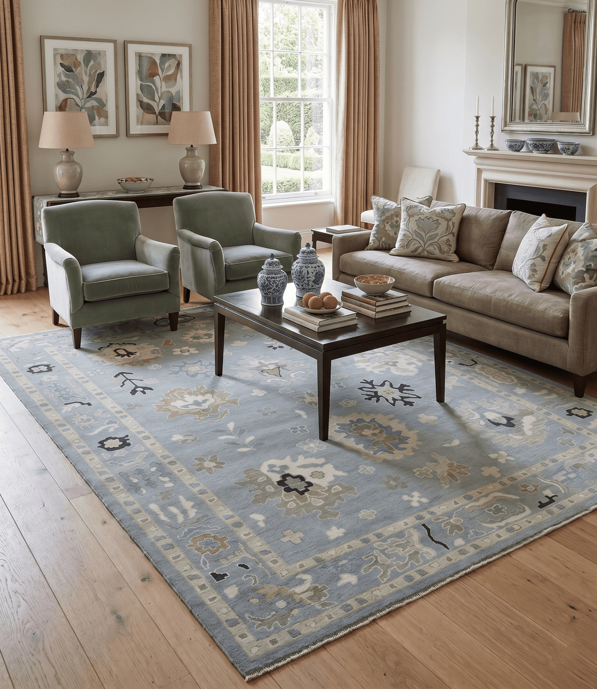 Custom Made Antique look Gray And Beige Hand Knotted Traditional Oushak Wool Area Rug.