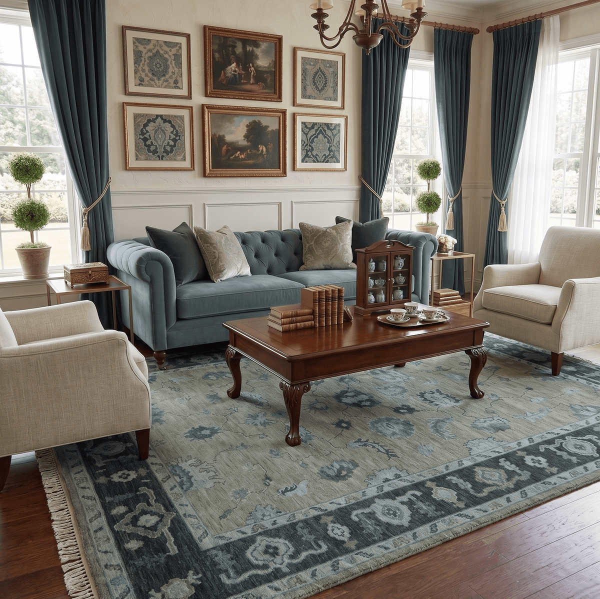 Custom Made Antique look Gray, Charcoal and silver Oriental Oushak wool Area Rug.