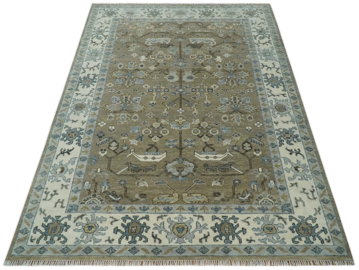 Custom Made Antique look Hand Knotted Beige, Ivory and Silver Oriental Oushak Multi Size Traditional Wool Area Rug.
