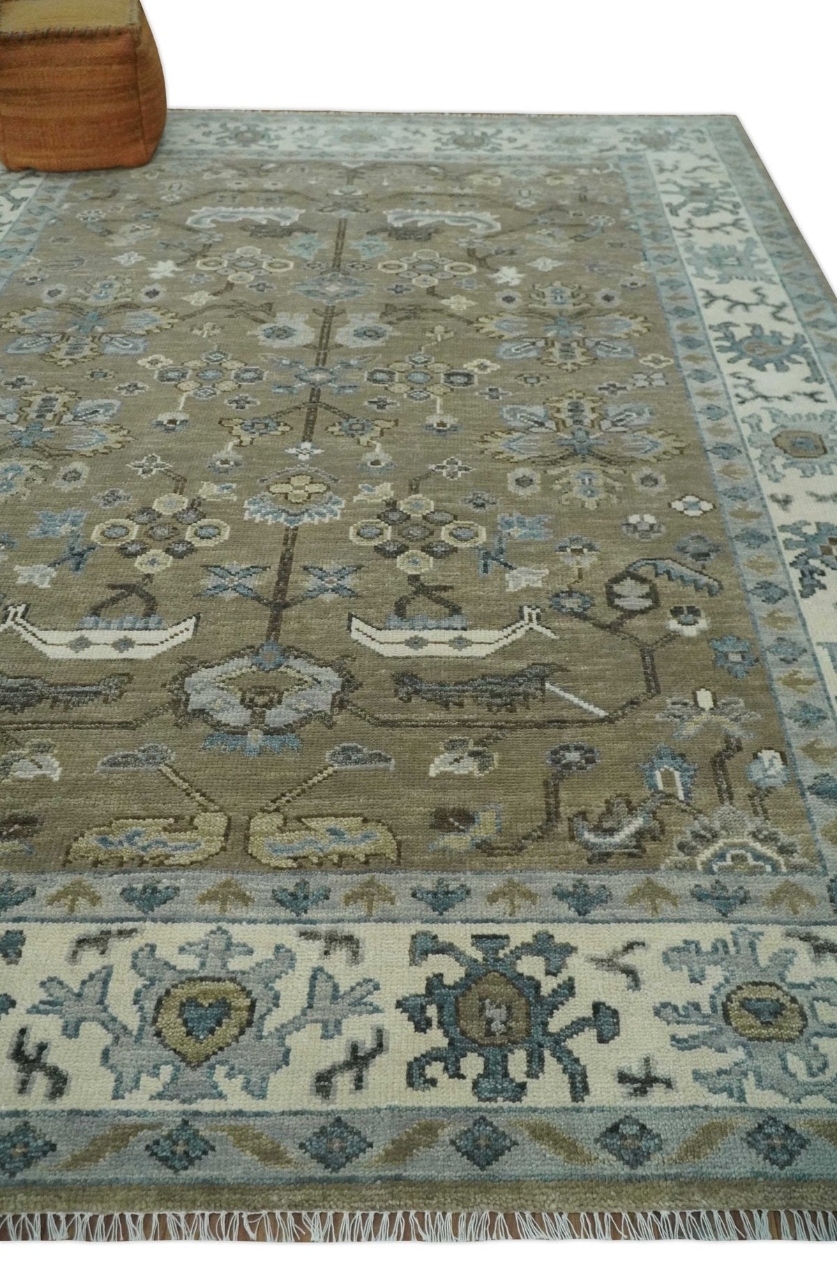 Custom Made Antique look Hand Knotted Beige, Ivory and Silver Oriental Oushak Multi Size Traditional Wool Area Rug.
