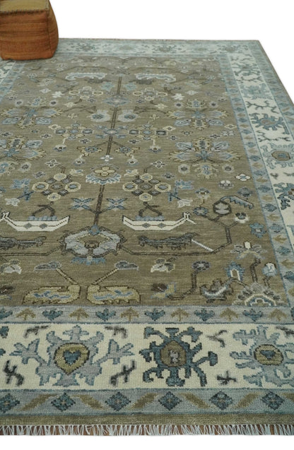 Custom Made Antique look Hand Knotted Beige, Ivory and Silver Oriental Oushak Multi Size Traditional Wool Area Rug.