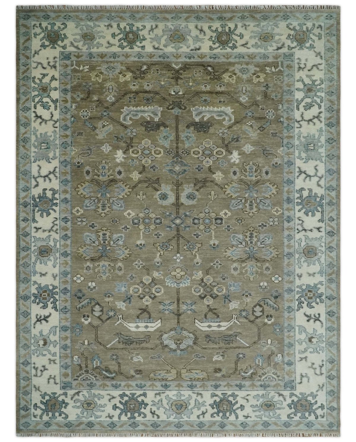 Custom Made Antique look Hand Knotted Beige, Ivory and Silver Oriental Oushak Multi Size Traditional Wool Area Rug.