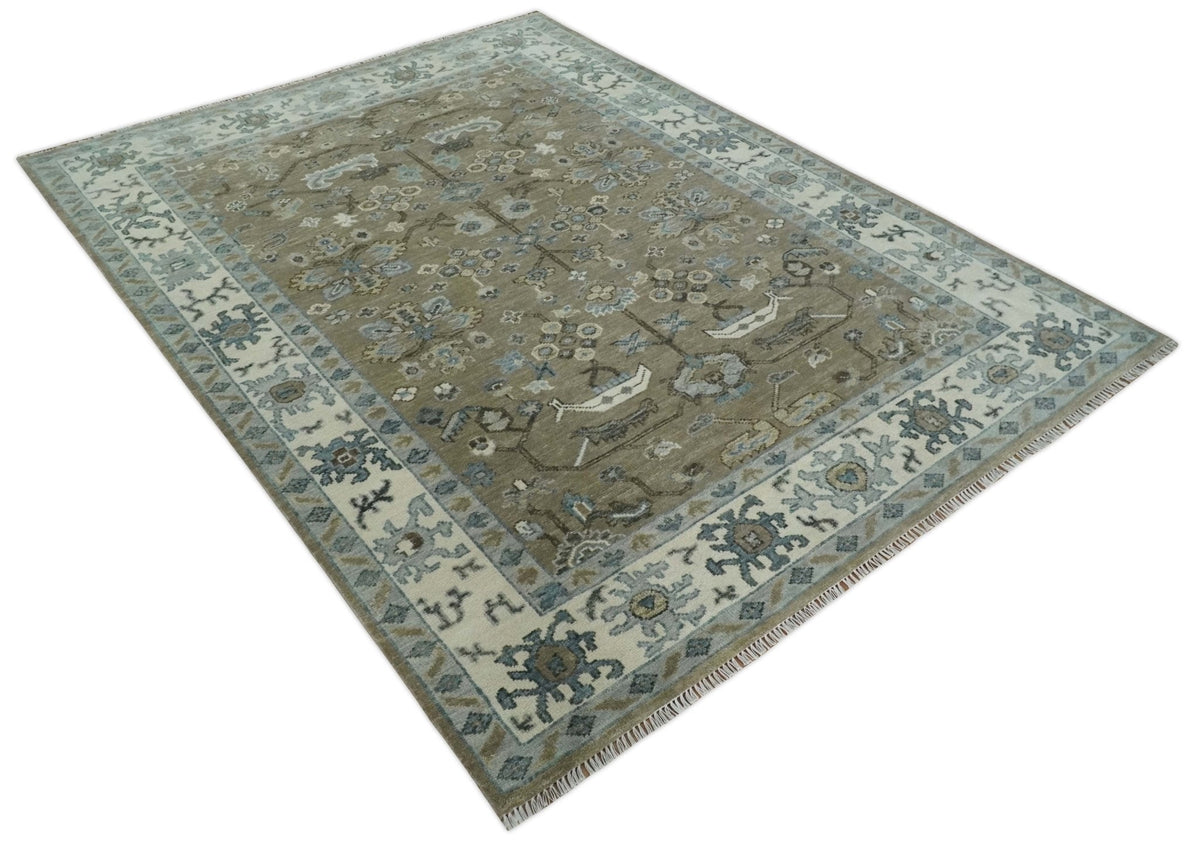 Custom Made Antique look Hand Knotted Beige, Ivory and Silver Oriental Oushak Multi Size Traditional Wool Area Rug.