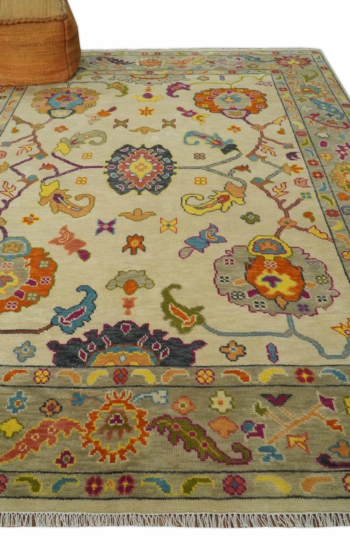 Custom Made Antique Style Beige Colorful Hand knotted Traditional Oushak wool Area Rug.