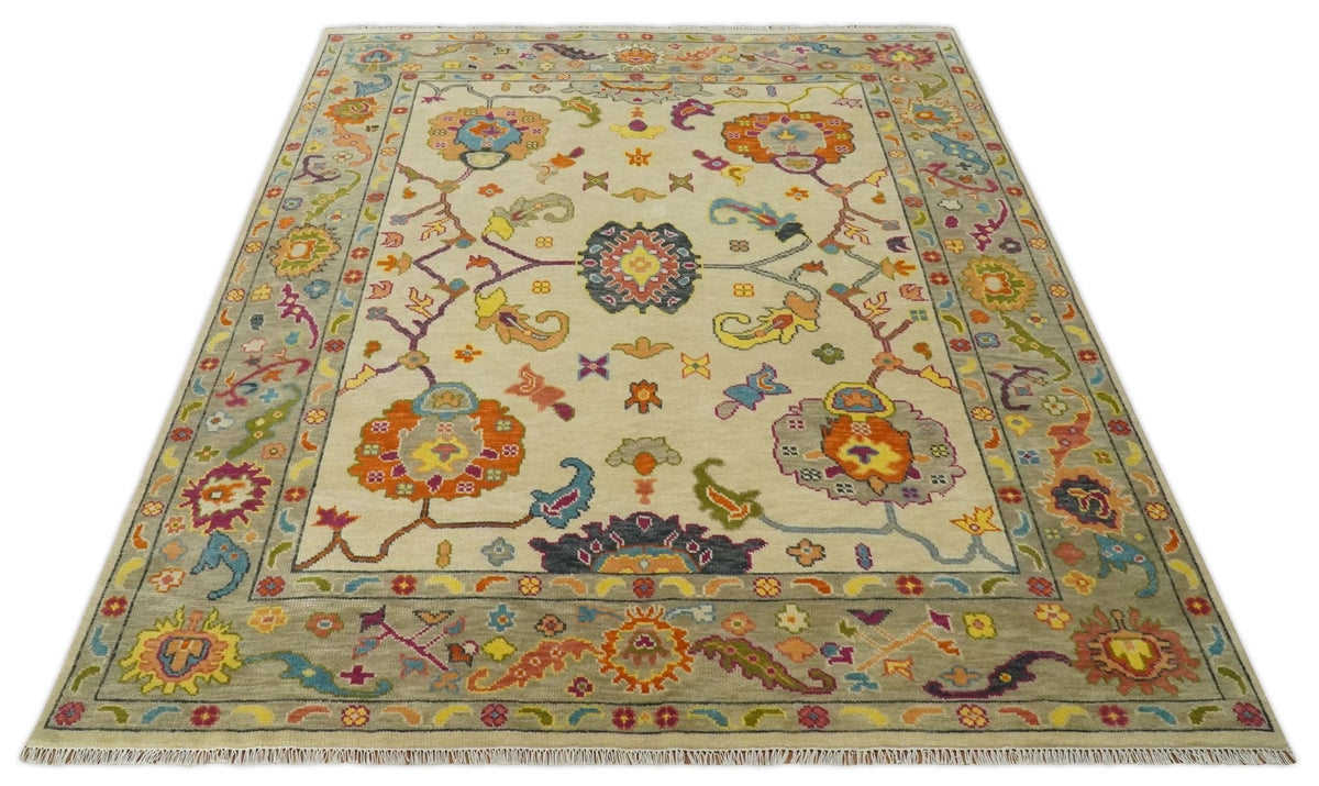 Custom Made Antique Style Beige Colorful Hand knotted Traditional Oushak wool Area Rug.