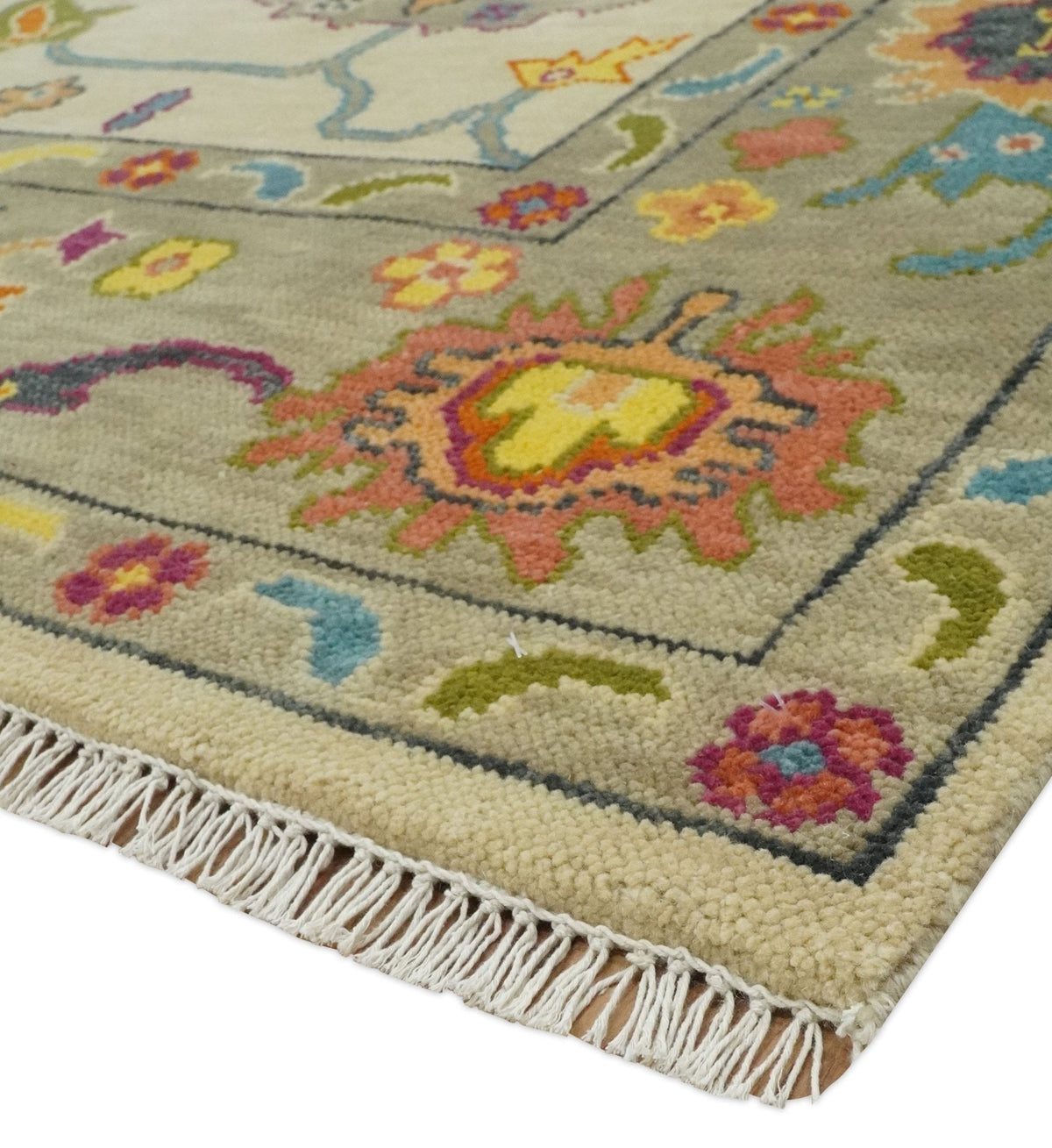 Custom Made Antique Style Beige Colorful Hand knotted Traditional Oushak wool Area Rug.